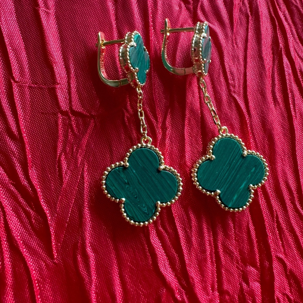 Clover Malachite Clover Stud Dangle Earrings 925 … - image 3